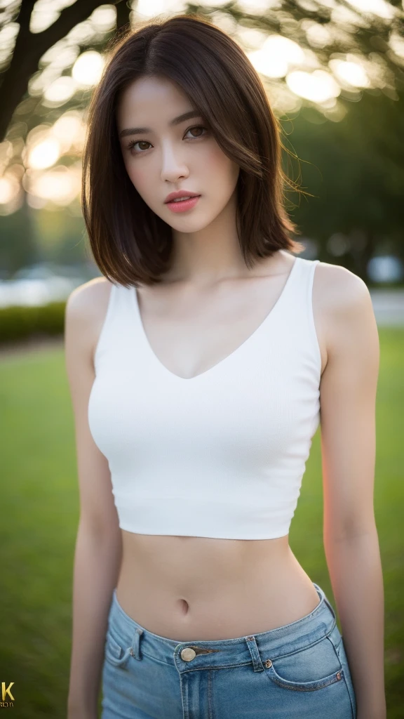 ((Realistic lighting, highest quality, 8k, masterpiece: 1.3)), Clear focus: 1.2, One girl, Perfect beauty: 1.4, Slim Abs: 1.1, ((Dark brown hair)), (White crop top: 1.4), (Outdoor, night: 1.1), View of the park, Very beautiful face, Beautiful Eyes, double eyelid,