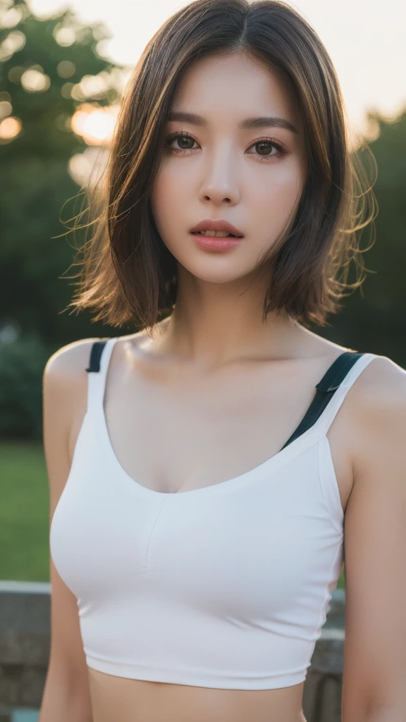 ((Realistic lighting, highest quality, 8k, masterpiece: 1.3)), Clear focus: 1.2, One girl, Perfect beauty: 1.4, Slim Abs: 1.1, ((Dark brown hair)), (White crop top: 1.4), (Outdoor, night: 1.1), View of the park, Very beautiful face, Beautiful Eyes, double eyelid,