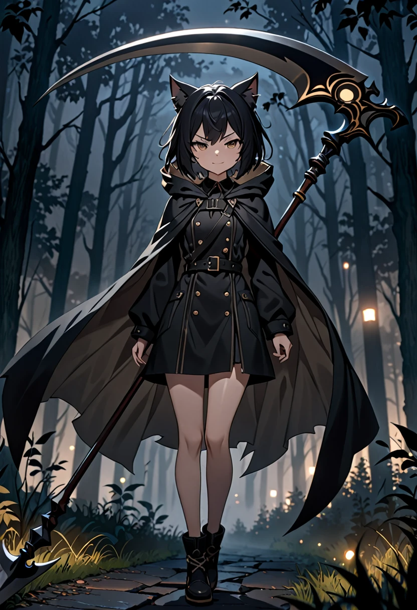 8K Ultra High-Quality, ultra-detailed, High quality, Black hair, short hair, cat girl, smug face, flat chest, black hooded coat, chest strap, Scythe, cape flying in the wind, night time, dark forest background, foggy background, darkness, no lights, full body