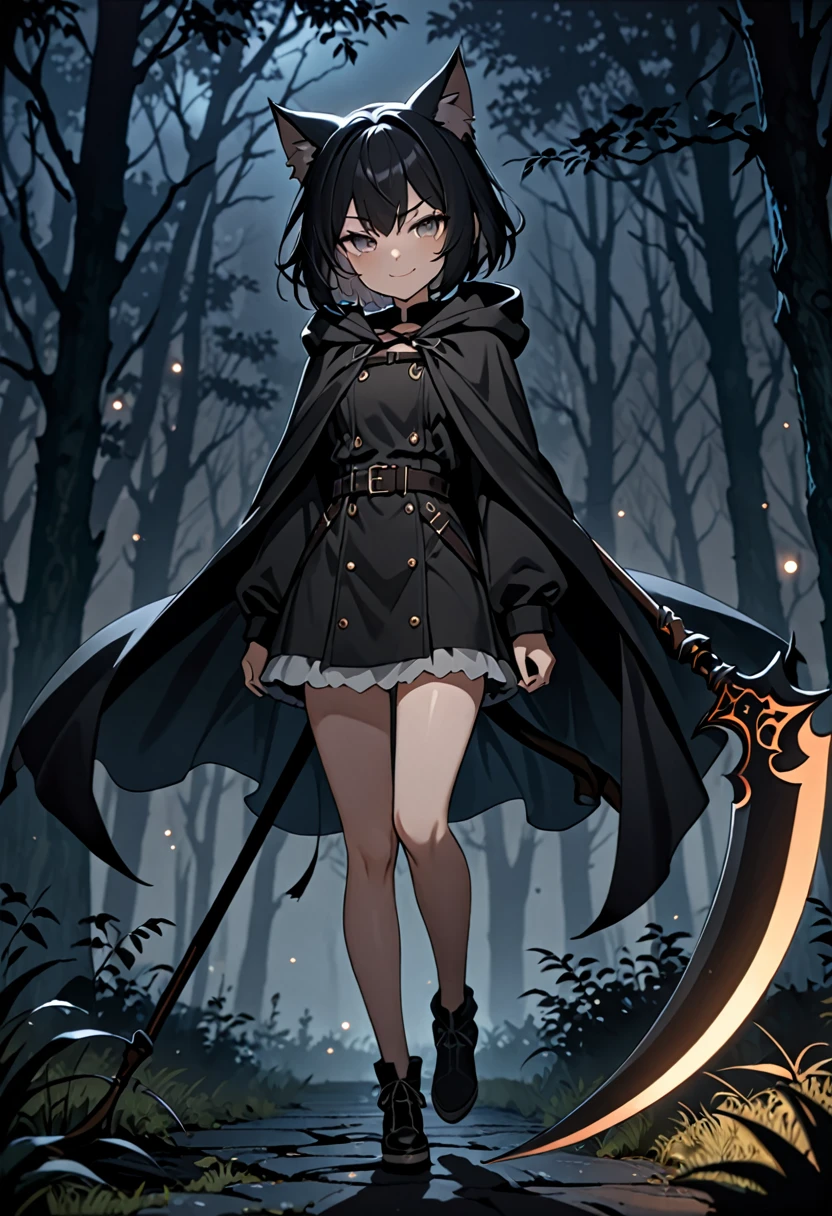 8K Ultra High-Quality, ultra-detailed, High quality, Black hair, short hair, cat girl, smug face, flat chest, black hooded coat, chest strap, Scythe, cape flying in the wind, night time, dark forest background, foggy background, darkness, no lights, full body