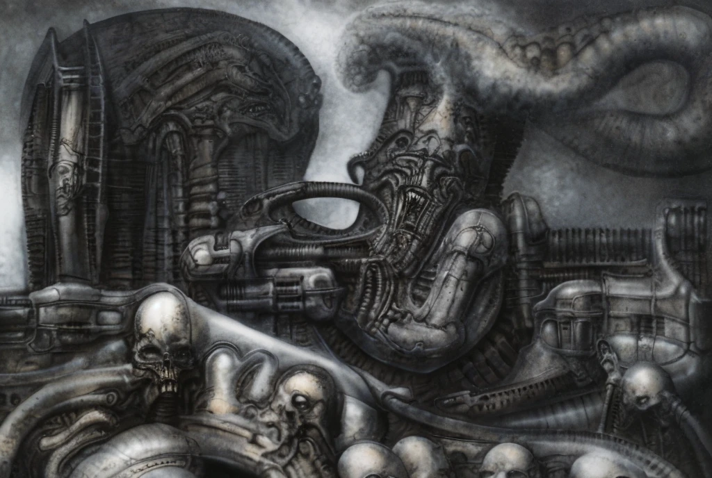 The image is a detailed view of H.R. Giger's biomechanical tableau \" Landscape XVI \" plate, featuring.
(airbrush painting, Giger's alien in front of broken alien ship in landscape, natural light, sharp focus, illustration, highly detailed, digital painting, concept art, matte, art by gric and kozhanov and moebius and Alphonse Mucha, masterpiece, HDR ,UHD , uplight, in HRGigerArhP style);1.
surrealistic painting of a monster with multiple tentacles and a body that looks like a brain, surrounded by a chaotic scene of swirling clouds and other monsters
 It's a complex network of bones and organs in eldritch color scheme:a greenish-brown hue ,swirling gery and brown colors. The artwork is silverish and green brown, with an ivory bones prominently displayed. The image is highly detailed and intricate, almost like a 3d version of a medical sketchwork.   
The piece is a tableau, most likely created with a India ink pen or pencil on paper, determined by the thin lines, shading techniques, and the texture of the paper, which is visible around the edges.
Used is pen, given the shading and variations in line weight visible in the image. Artist have used a variety of stylus with different degrees of hardness to achieve the shading effects.
 The use of undersaturated green-grays dark contrasts creates a stark and graphic look. Is used a variety of linework techniques to create different textures. Fine, parallel lines create a smooth, metallic texture,while thicker, more cursive lines suggest cables or wires.
Light source from the top highlights skeletals, pper part of foreground, lower part of image is in shadowupper part of foreground, lower part of image is in shadow.
The art performance showcases the artist’s skills in observation and rendering. The level of detail in the piece suggests a close study of real bone specimens and mechanics. The artist has skillfully used shading techniques to create a convincing illusion of three-dimensionality on a flat surface. The wrinkles 