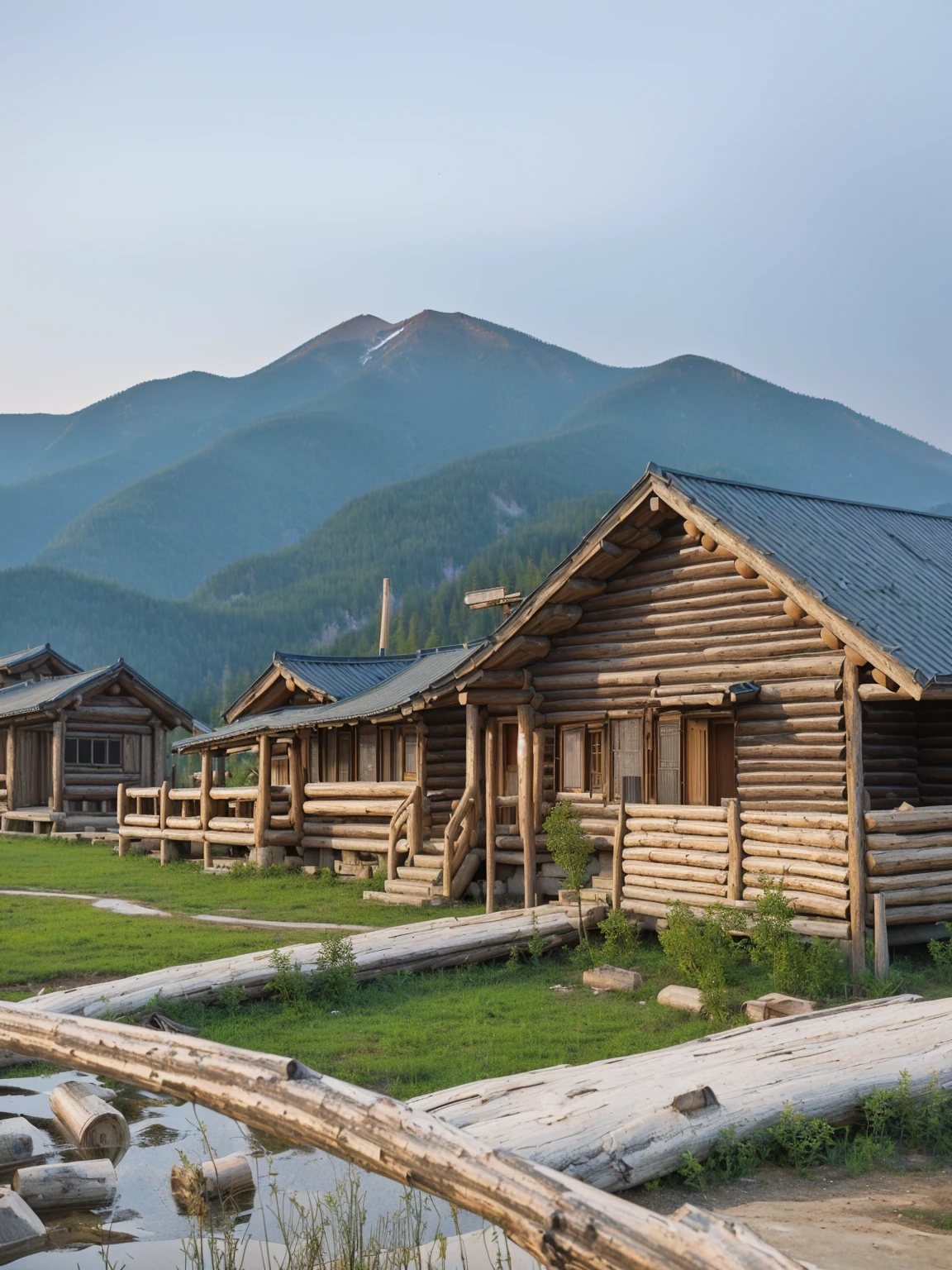 远处是一座Log House和一条路后面的群山, villages at background, village, ground level view of Soviet Town, Soviet Town, Log House, Wooden buildings, 远处的Log House, 山上建造的Log House, 背景中的village庄, near lake baikal, magical Soviet Town, Some houses in the background, small town surrounding