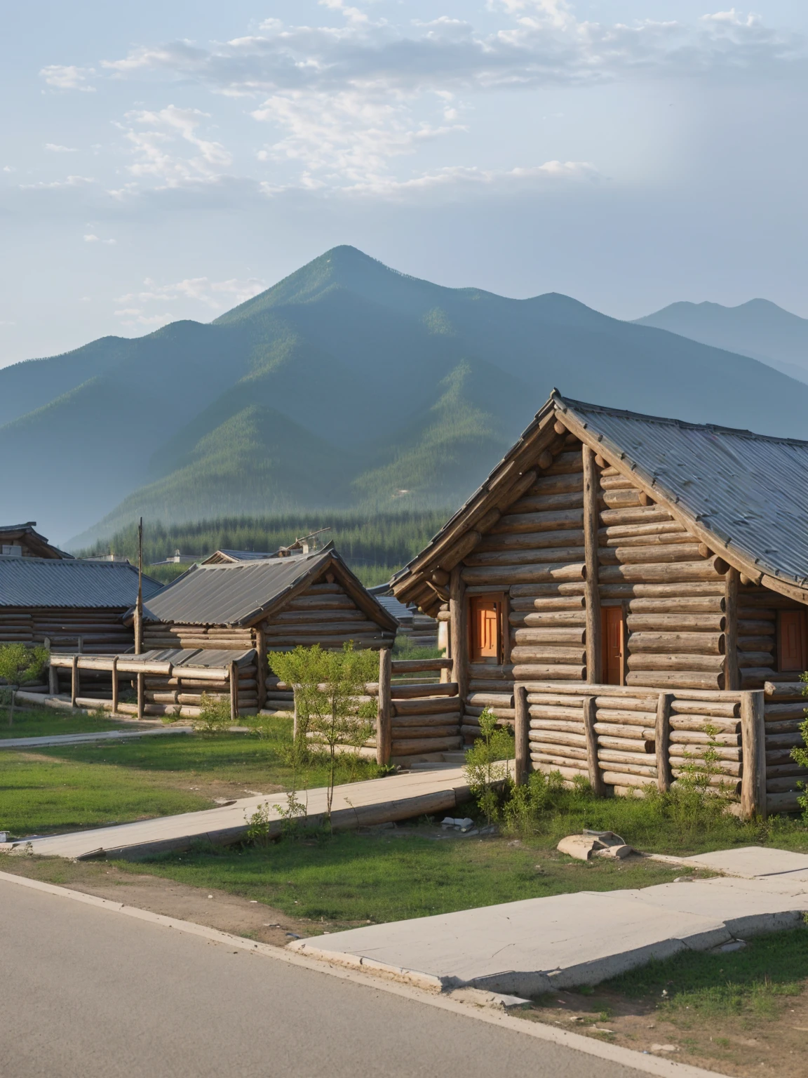 远处是一座Log House和一条路后面的群山, villages at background, village, ground level view of Soviet Town, Soviet Town, Log House, Wooden buildings, 远处的Log House, 山上建造的Log House, 背景中的village庄, near lake baikal, magical Soviet Town, Some houses in the background, small town surrounding