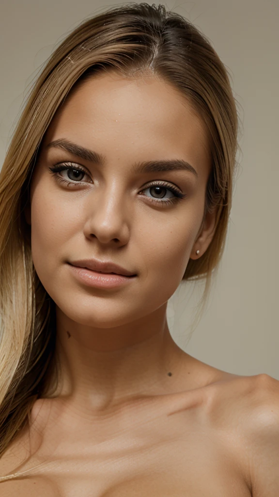 masterpiece, ultra realistic, proto profesional. Create an ultra-realistic image, in the highest resolution possible, of a beautiful 20-year-old girl with blonde hair. The image must have extremely sharp skin details, making it look like a real photograph. The eyes should be perfect, with a natural shine; eyelashes detailed and well-defined; eyebrows symmetrical and well-shaped; lips perfectly shaped and of a natural tone; and a nose proportional and without imperfections. The facial features should be well-marked and defined.
