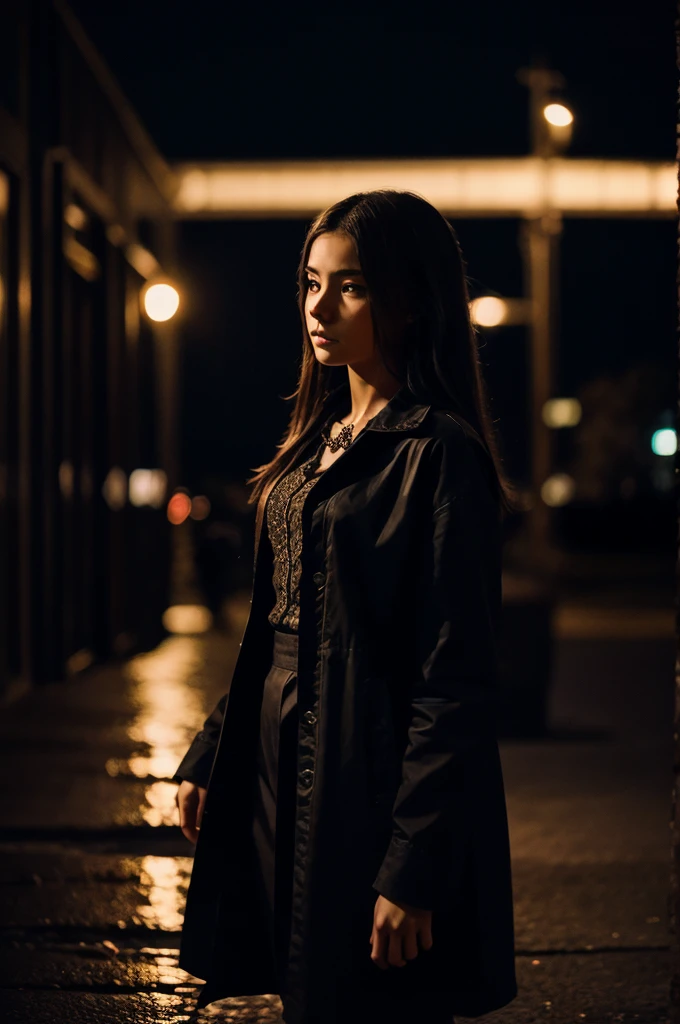 A girl standing in the night dark aesthetic blurry photo highly detailed masterpiece