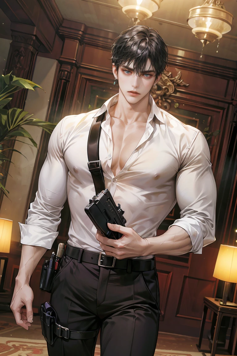 (absurdres, highres, ultra detailed, original character, HDR), 1 russian boy, solo, adult, handsome, ((tall muscular guy, broad shoulders)), finely detailed eyes, (black hair), hair between eyes, turquoise eyes, holographic, futuristic, casual and sexy outfit, gun holster, (body tight unbuttoned white shirt), black trouser, (large man breasts), ((wearing an earring)), cowboy shot, dutch angle, face focused, modern british colonial room, dystopian hong kong city, indoor, closed mouth, looking at viewer, depth of field, bokeh