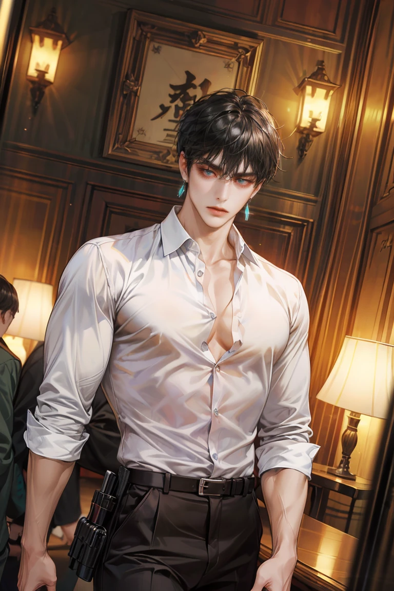 (absurdres, highres, ultra detailed, original character, HDR), 1 russian boy, solo, adult, handsome, ((tall muscular guy, broad shoulders)), finely detailed eyes, (black hair), hair between eyes, turquoise eyes, holographic, futuristic, casual and sexy outfit, gun holster, (body tight unbuttoned white shirt), black trouser, (large man breasts), ((wearing an earring)), cowboy shot, dutch angle, face focused, modern british colonial room, dystopian hong kong city, indoor, closed mouth, looking at viewer, depth of field, bokeh