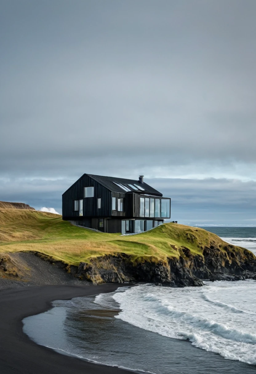 a close up of a house on a beach near the ocean, by Johannes Voss, built around ocean, epic and stunning, very close to real nature, iceland, beautiful place, iceland photography, paradise in the background, next to the reflecting ocean, setting in nature, beautiful and aesthetic, luxurious environment, nature meets architecture, by Daniel Seghers