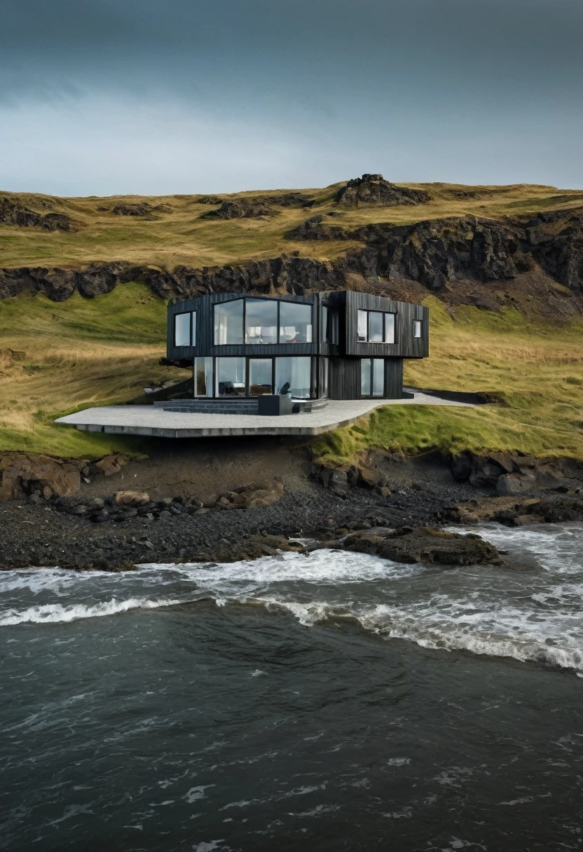 a close up of a house on a beach near the ocean, by Johannes Voss, built around ocean, epic and stunning, very close to real nature, iceland, beautiful place, iceland photography, paradise in the background, next to the reflecting ocean, setting in nature, beautiful and aesthetic, luxurious environment, nature meets architecture, by Daniel Seghers