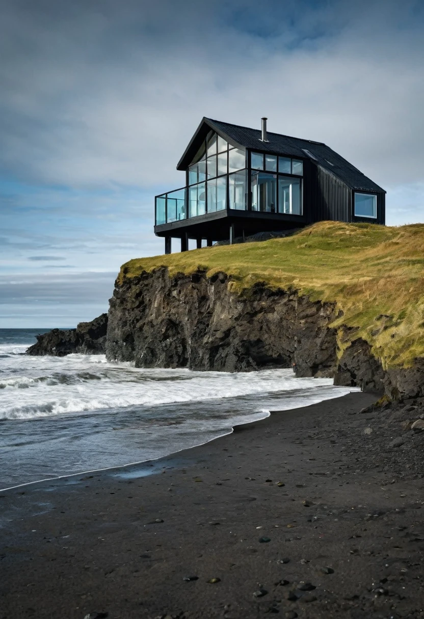 a close up of a house on a beach near the ocean, by Johannes Voss, built around ocean, epic and stunning, very close to real nature, iceland, beautiful place, iceland photography, paradise in the background, next to the reflecting ocean, setting in nature, beautiful and aesthetic, luxurious environment, nature meets architecture, by Daniel Seghers