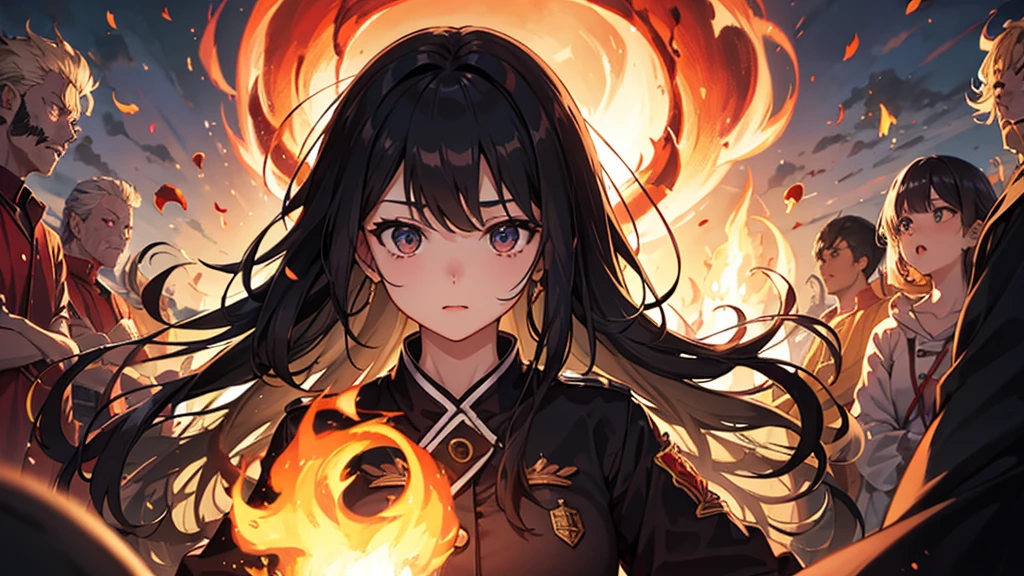 Sea of Fire、Woman in the Flames、20-year-old、Black Hair、1 person、Fire Prevention Girl、Creepy、fire、night