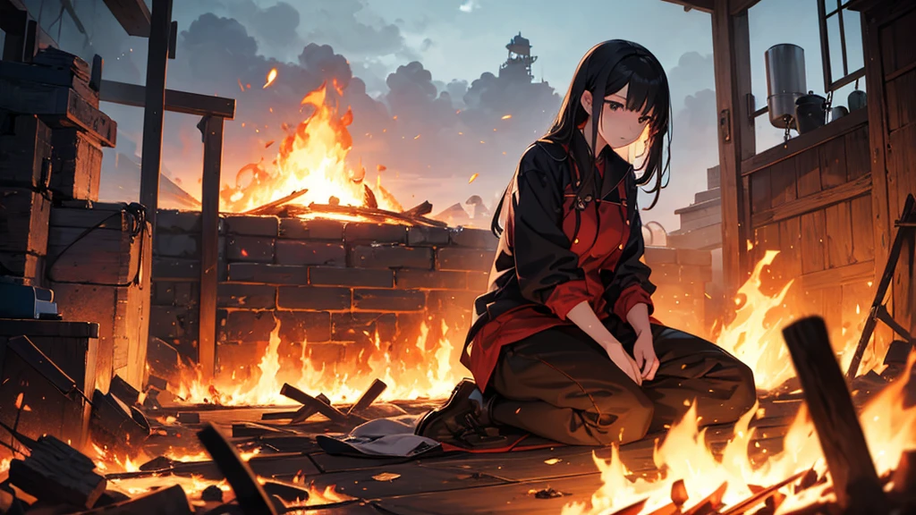 Sea of Fire、Woman in the Flames、20-year-old、Black Hair、1 person、Fire Prevention Girl、Creepy、fire、night