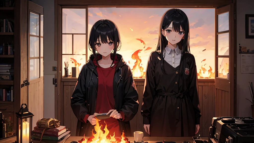 Sea of Fire、Woman in the Flames、20-year-old、Black Hair、1 person、Fire Prevention Girl、Creepy、fire、night