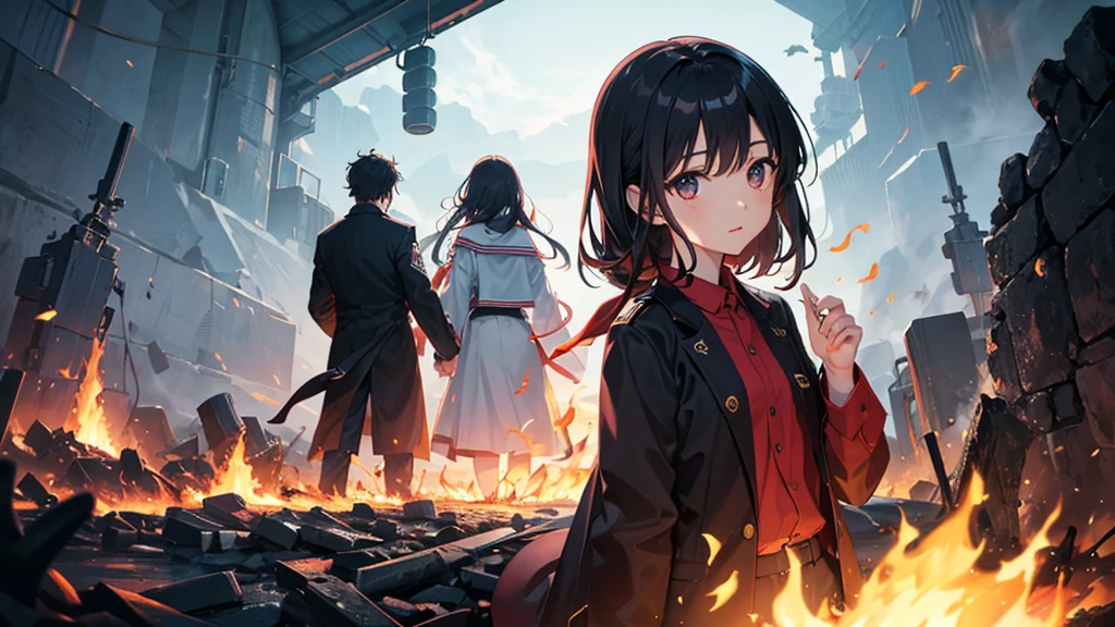 Sea of Fire、Woman in the Flames、20-year-old、Black Hair、1 person、Fire Prevention Girl、Creepy、fire、night