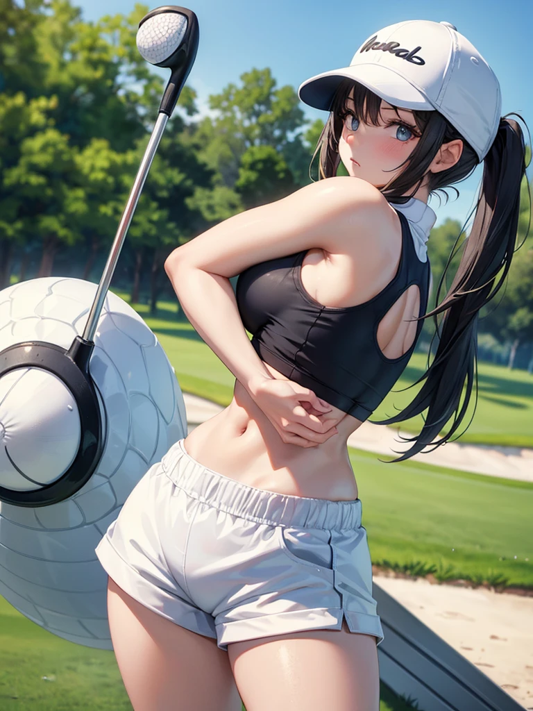 Beautiful girl with big, Wear a sports bra,Wear tight white shorts that hug the crotch.,be a golfer,There was an old black man as a trainer.,golf course