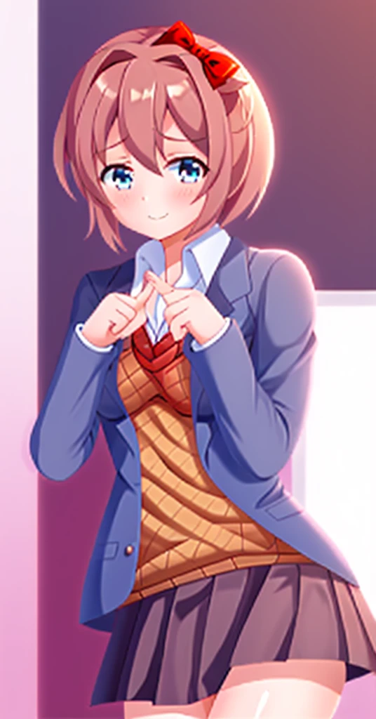 one girl, Sayori, DDLC, school blazer, hair bow, close to girl, light blue eyes, beautiful, index finders together, ashamed, blush, upward glance, dry smile, index finders, shifty eyes, short skirt, girl focus, slender