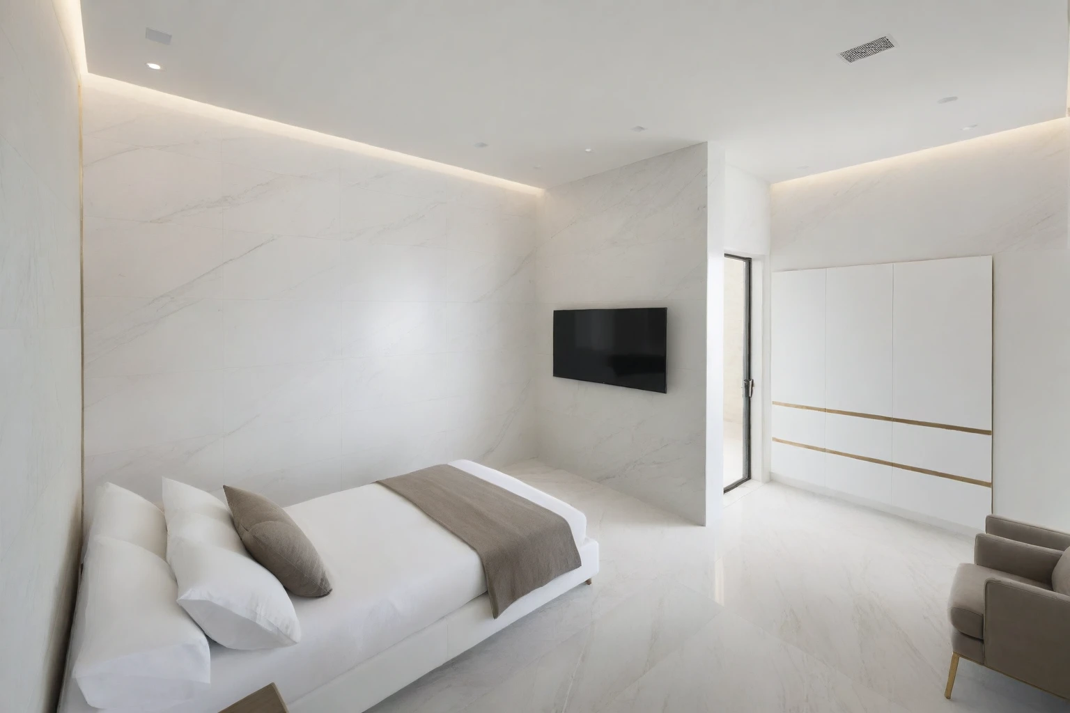 Raw photo,Masterpiece, high quality, best quality, authentic, super detail,
indoors, interior , (( BEDROOM :1.3)), modern style, daylight, (WHITE WALL),luxury, marble tile floor,