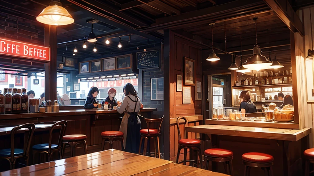 A small cafe is open for business, with lights shining from its red brick exterior. There's a neon sign advertising "Coffee" in red and blue lit letters. Inside, the cafe features a counter with three red stools and a girl sitting in front of it, and a large window that offers a view of the street outside. The atmosphere seems inviting and cozy, perfect for a warm cup of coffee.