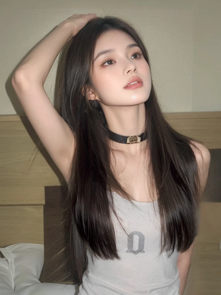 Long straight hair with bangs,Long straight cold brown hair,Same hair color,Natural and beautiful hair,The background is simple, clean and pure