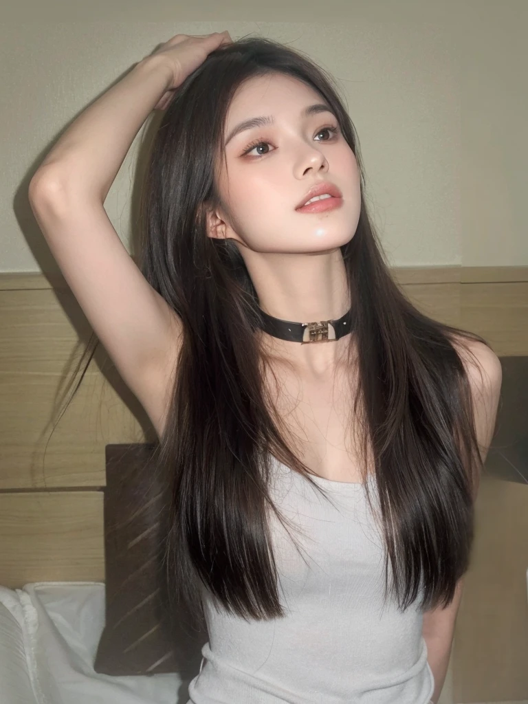 Long straight hair with bangs,Long straight cold brown hair,Same hair color,Natural and beautiful hair,The background is simple, clean and pure
