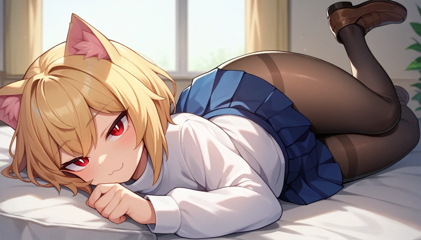score_9, score_8_up, score_7_up, score_6_up, score_5_up, score_4_up, BREAK, 1boy, solo, necoarc, lit pupils, cat ears, blonde hair, red eyes, :3, turtleneck, blue skirt, pleated skirt, pantyhose, brown footwear, highlight thighs, thick thighs, seductive pose, lying on a bed, inside a room, looking at the viewer,