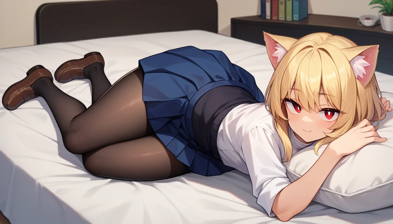 score_9, score_8_up, score_7_up, score_6_up, score_5_up, score_4_up, BREAK, 1boy, solo, necoarc, lit pupils, cat ears, blonde hair, red eyes, :3, turtleneck, blue skirt, pleated skirt, pantyhose, brown footwear, highlight thighs, thick thighs, seductive pose, lying on a bed, inside a room, looking at the viewer, 