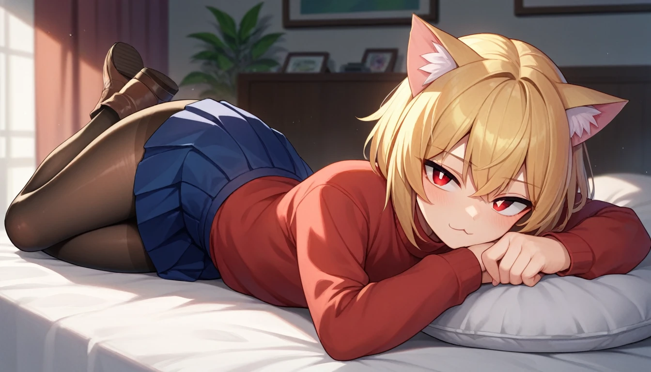 score_9, score_8_up, score_7_up, score_6_up, score_5_up, score_4_up, BREAK, 1boy, solo, necoarc, lit pupils, cat ears, blonde hair, red eyes, :3, turtleneck, blue skirt, pleated skirt, pantyhose, brown footwear, highlight thighs, thick thighs, seductive pose, lying on a bed, inside a room, looking at the viewer, 