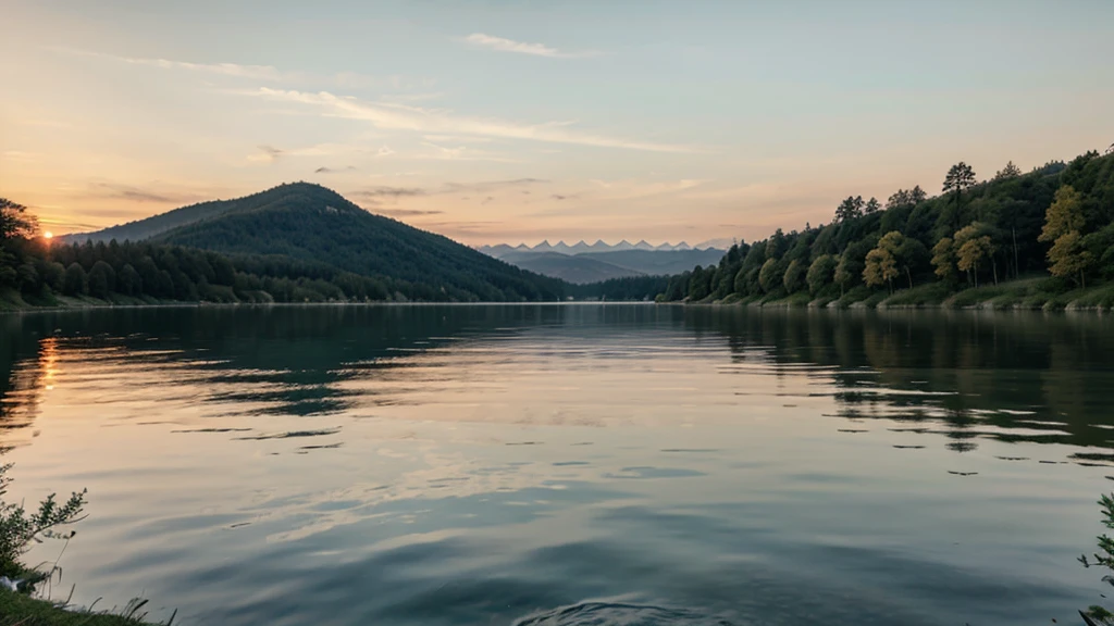 A sunset over a peaceful lake