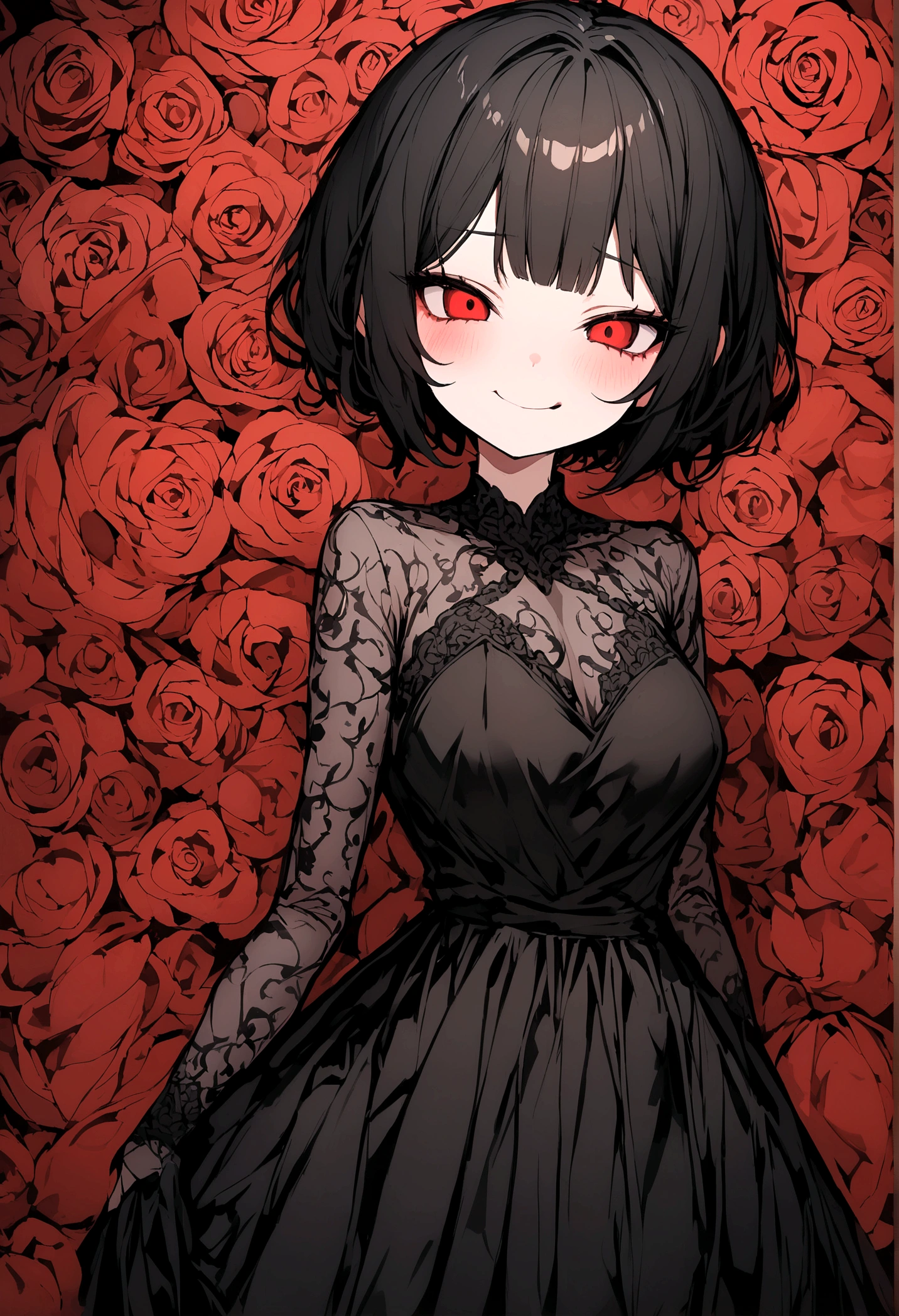 girl with black short hair, lewd smile, red eye, black dress, facing me like to eat me