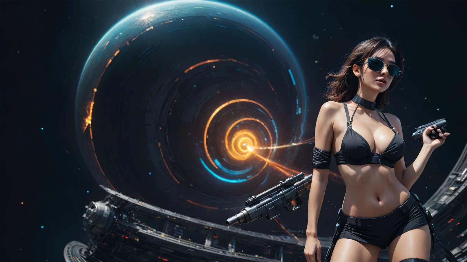 aerial view. brightly colored abstract image of a space station with a spiral, epic beautiful space scifi, chaotic cinematic space rift, greg beeple, planets colliding, beeple and tim hildebrandt, beeple and jean giraud, end of the universe, galaxy space sci-fi, ringworld, by Mike "Beeple" Winkelmann. Matrix style, (((((Matrix cascading code))))), (((((a futuristic twin tower skyscraper with a unique twisted design))))), (((((OLED GUI interfaces in the building))))), at night, (((((1girl, solo))))), photo realistic, (((large-breast:1.2 slim body, cleavage))), (((off broken mini sling-shirt and black sling bra, extreamly short pleated miniskirt exposing panty))), (((((running pose))))), (((((matrix style black sunglasses))))), ((((((((((aiming with a short gun)))))))))), (((((looking at camera))))), (((very low view))), (((((half-body thigh level medium shot))))), (((cinematic lighting))).