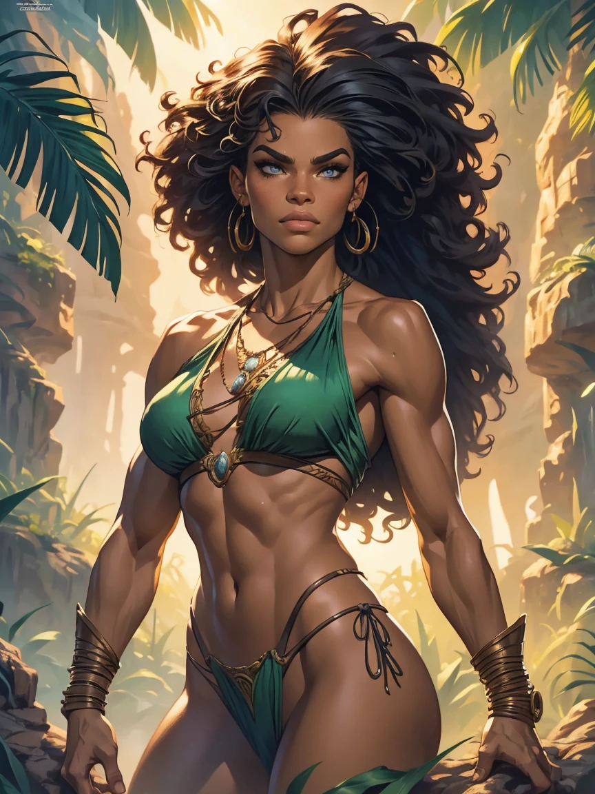 a female Tarzan based on Zendaya, highly detailed cinematic fantasy portrait, black outlining, full color illustration, in the style of BORIS VALLEJO & JULIE BELL, masterpiece, 8k, ultra-detailed, physically-based rendering, vivid colors, dramatic lighting, intricate background, sci-fi, photorealistic