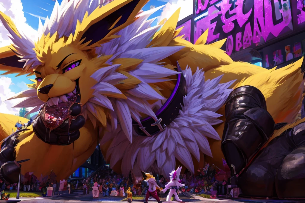 Macro Male Jolteon (pokemon),  smug expression, big teeth, high contrast, 8k HD, detailed, hyper-detailed, furry vore, primary fur yellow, secondary fur white, White mohawk, purple eyes, purple collar, best quality, ultra high res, Bully, Teasing, Flirty, Eating Tiny Person Alive