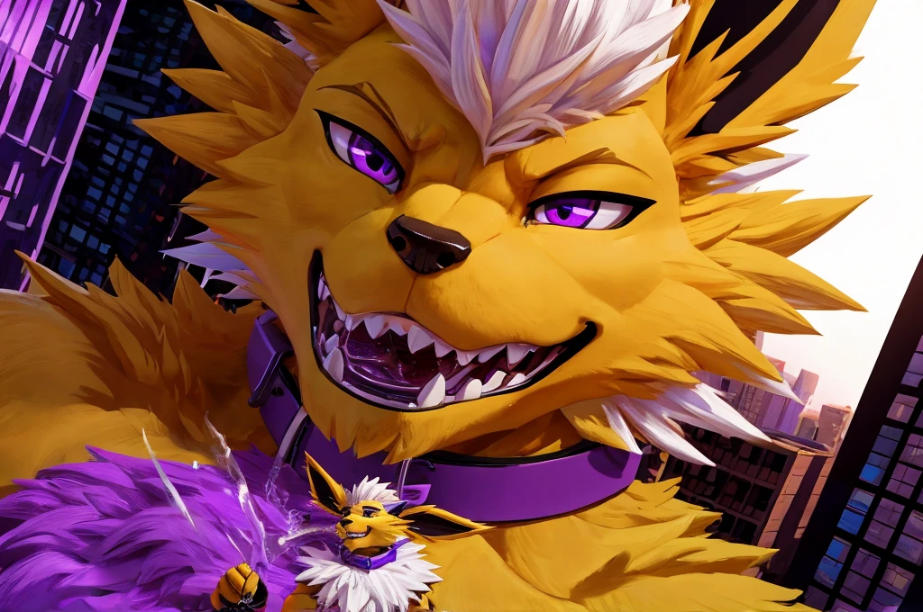 Macro Male Jolteon (pokemon), smug expression, big teeth, high contrast, 8k HD, detailed, hyper-detailed, furry vore, primary fur yellow, secondary fur white, White mohawk, purple eyes, purple collar, best quality, ultra high res, Bully, Teasing, Flirty, Eating Tiny Person Alive