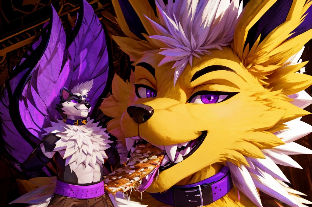 Macro Male Jolteon (pokemon), smug expression, big teeth, high contrast, 8k HD, detailed, hyper-detailed, furry vore, primary fur yellow, secondary fur white, White mohawk, purple eyes, purple collar, best quality, ultra high res, Bully, Teasing, Flirty, Eating Tiny Person Alive