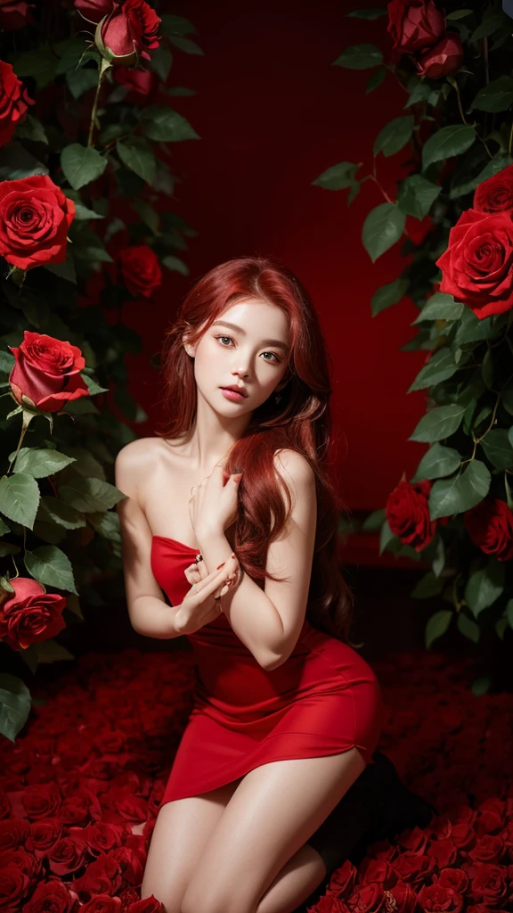 best quality,masterpiece,Ultra-high resolution,(photoactual:1.4),Roses every day（background）,14-year-old oriental rose flower demon girl,long red hair,cute eyes,The birth of a beautiful girl,Beautiful red rose dress（Gödelian）,Kneeling among roses,