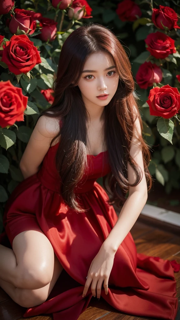 best quality,masterpiece,Ultra-high resolution,(photoactual:1.4),Roses every day(background),14-year-old oriental rose flower demon girl,long red hair,cute eyes,The birth of a beautiful girl,Beautiful red rose dress(Gödelian),Kneeling among roses,