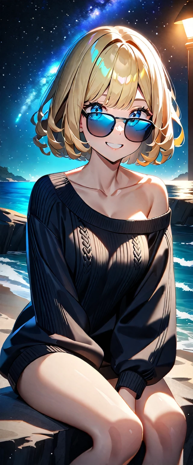 (((a starry sky, the Milky Way shining beautifully in the night))), ((bare legs)), (((sunglasses, hand to sunglasses))), (((Aran sweater))), from side, upper body, ((sitting on the very high cliff)), ((wavy hair, inward curled hair)), ((sea, beach)), ((blond hair, bob cut:1.3)), breasts, teenager, (looking at viewer), oversized clothes, puffy long sleeves, ((off-shoulder sweater:1.3, Quite thick shoulder straps)), ((black sweater)), collarbone, head tilt:1.3, (((blue eyes))), ((happy smile)), (((anime style))), (best quality, 4K, 8K, highres, masterpiece:1.2, ultra-detailed, ultra-detailed eyes, HDR, uhd, studio lighting, ultra-fine painting, sharp focus, physically-based rendering, extreme detail description, professional, vivid colors, bokeh)