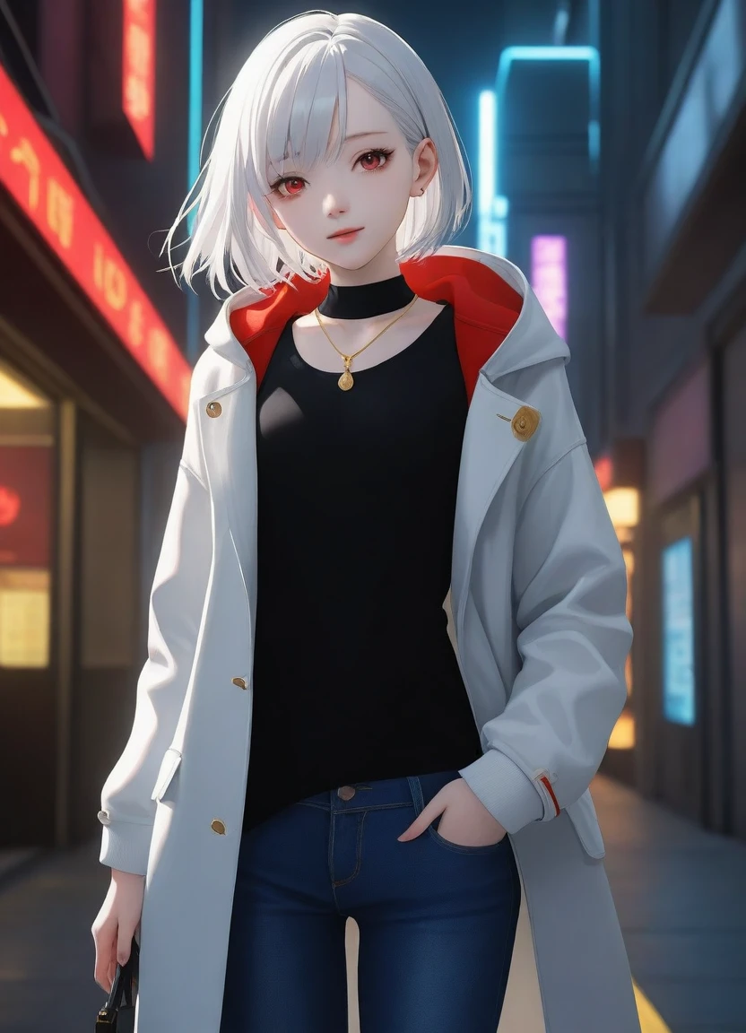 1girl, 15 years old, slim, small breasts, white hair, hairs between eyes, shoulder length hair, pale skin, bright red eye:1.3, white duffle coat and long-sleeve black sweater, open jacket, jeans, gold pocket watches hanging from the neck, BREAK kawaii, smile, cowboy shot, pose, (cyberpunk night city:1.3), neon light, (light particle:1.3), BREAK smooth skin, cinematic lighting, volumetric shadow, BREAK 3D CG illustration, score_9, score_8_up, score_7_up, (masterpiece:1.2), (best quality:1.2), (very aesthetic:1.2), (absurdres:1.2), (detailed background), newest, (intricate:1.2), ai-generated, BREAK