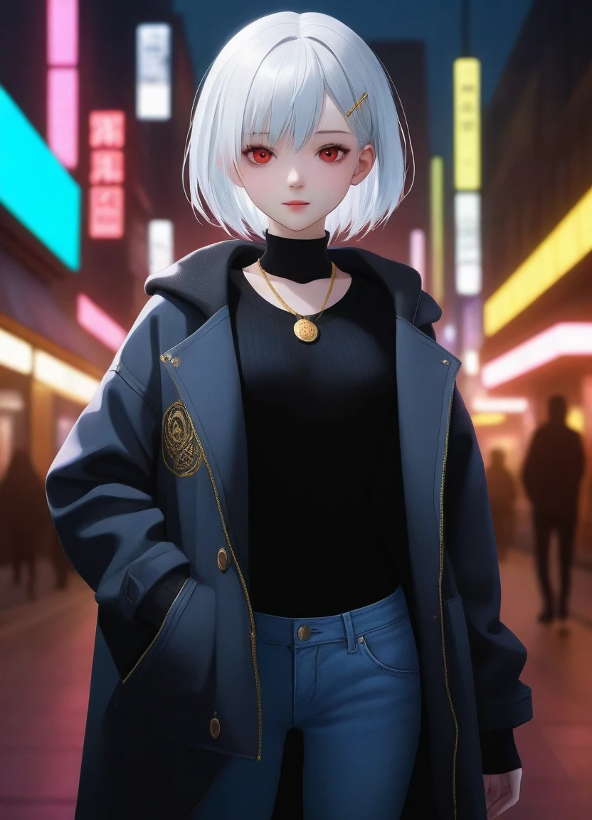 1girl, 15 years old, slim, small breasts, white hair, hairs between eyes, shoulder length hair, pale skin, bright red eye:1.3, white duffle coat and long-sleeve black sweater, open jacket, jeans, gold pocket watches hanging from the neck, BREAK kawaii, smile, cowboy shot, pose, (cyberpunk night city:1.3), neon light, (light particle:1.3), BREAK smooth skin, cinematic lighting, volumetric shadow, BREAK 3D CG illustration, score_9, score_8_up, score_7_up, (masterpiece:1.2), (best quality:1.2), (very aesthetic:1.2), (absurdres:1.2), (detailed background), newest, (intricate:1.2), ai-generated, BREAK