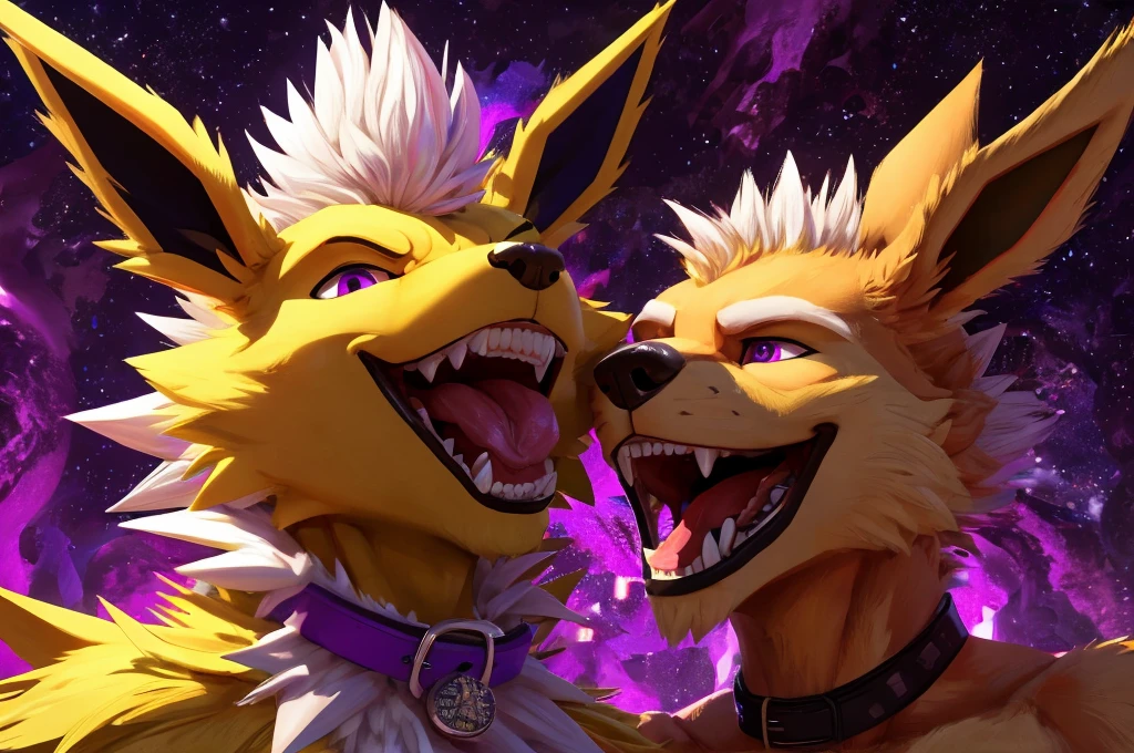 Macro Male Jolteon (pokemon), smug expression, big teeth, high contrast, 8k HD, detailed, hyper-detailed, furry vore, primary fur yellow, secondary fur white, White mohawk, purple eyes, purple collar, best quality, ultra high res, Bully, Teasing, Flirty, Being worshipped