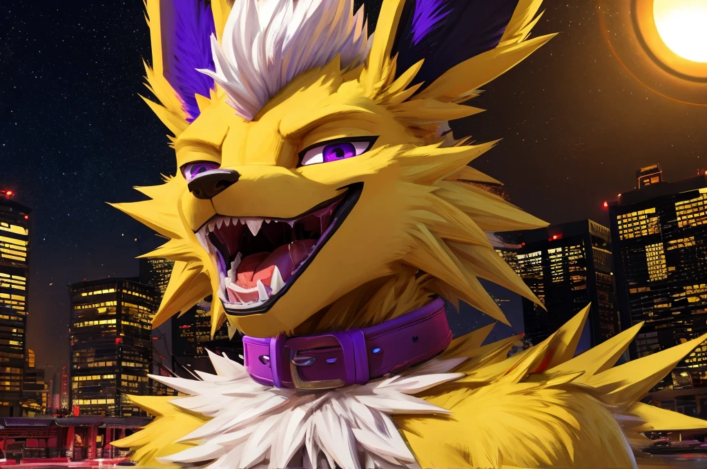 Macro Male Jolteon (pokemon),  smug expression, big teeth, high contrast, 8k HD, detailed, hyper-detailed, furry vore, primary fur yellow, secondary fur white, White mohawk, purple eyes, purple collar, best quality, ultra high res, Bully, Teasing, Flirty, Being worshipped