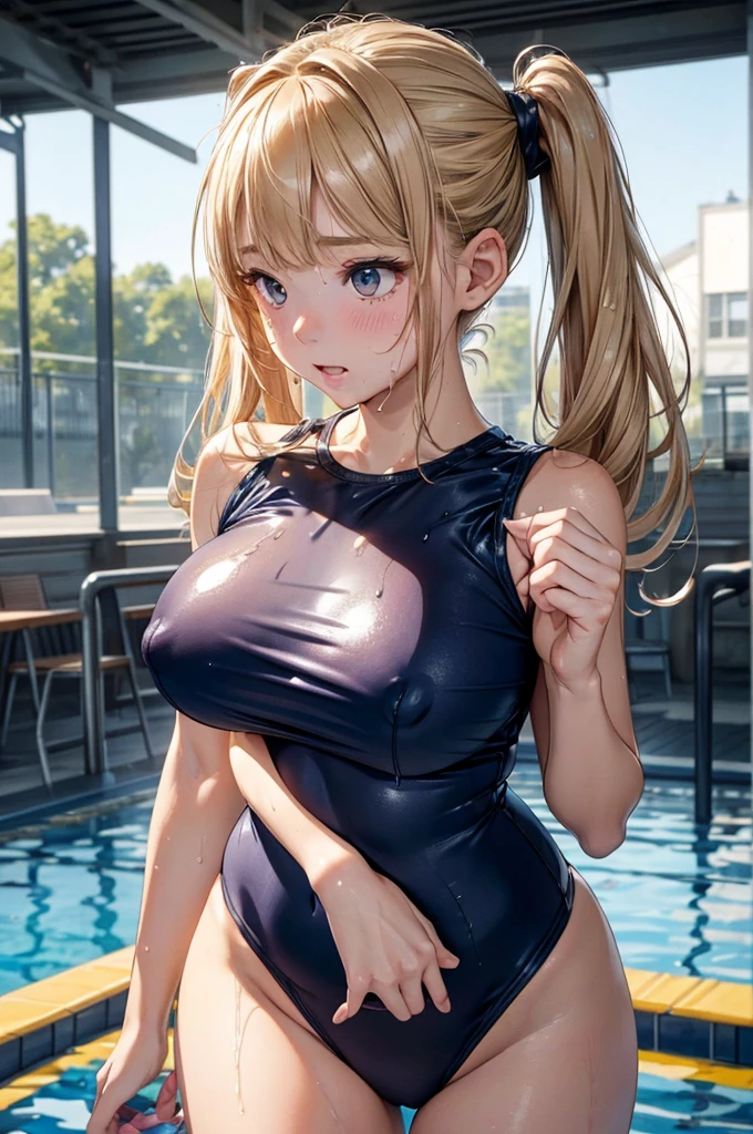 Absurd, Super detailedな,(In 8K:1.3),Masseter muscle area,(masterpiece:1.2)、(Highest quality)、4K、Super detailed、(Movement Structure:1.4)、(Shining Lights、Atmosphere lighting), High resolution, Best Quality、(One girl:1.4),Super detailedな,Bright colors、Treebreak Production Art、(Warm color light source:1.2),High-level image quality、Fine image quality、Intricate details,Volumetric Lighting,Realism BREAK、Profile、 Idol face、、Very beautiful face and eyes, Beautiful images、 natural make up、puffy eyes、catchlight eyes、deep detailed eyes、 (Big Tits:1.2)、(glossy skin :1.5),(curvy body:1.2)、 (Be embarrassed:1.4), (blonde hair、blunt bangs、twintails、wet hair), (Be embarrassed:1.4), Dark navy eye color. (A school swimsuit with a vivid texture:1.3), (super wet skin:1.2) 、(Breast bag)、 (white background),(Baby Face:1.5)、overhead shot