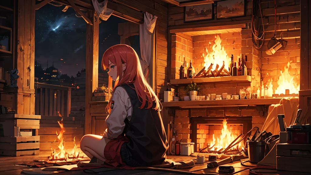 Sea of Fire、Woman in the Flames、20-year-old、1 person、Fire Prevention Girl、Creepy、fire、night