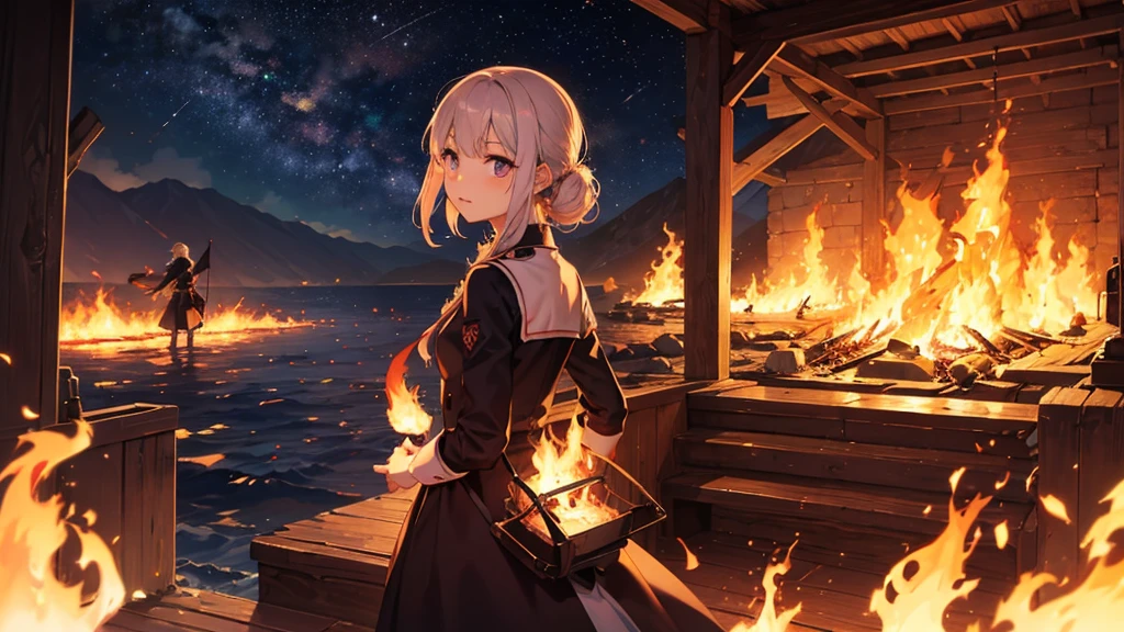 Sea of Fire、Woman in the Flames、20-year-old、1 person、Fire Prevention Girl、Creepy、fire、night