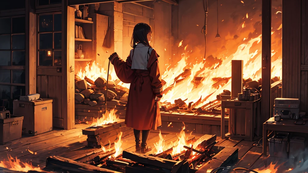Sea of Fire、Woman in the Flames、20-year-old、1 person、Fire Prevention Girl、Creepy、fire、night