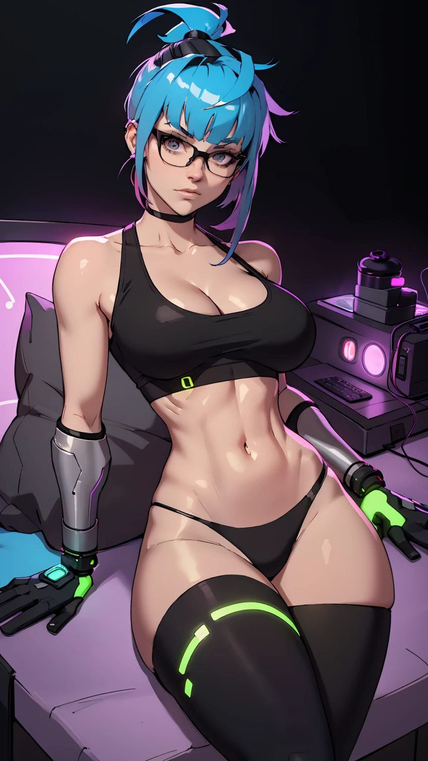 Woman, skinny fit and toned body, thick breasts, cleavage, neon glowing hair short with bangs, glowing glasses, skimpy tank top bra, skimpy cybernetic thong, cybernetic thigh highs sexy lounging pose, soft longing expression
