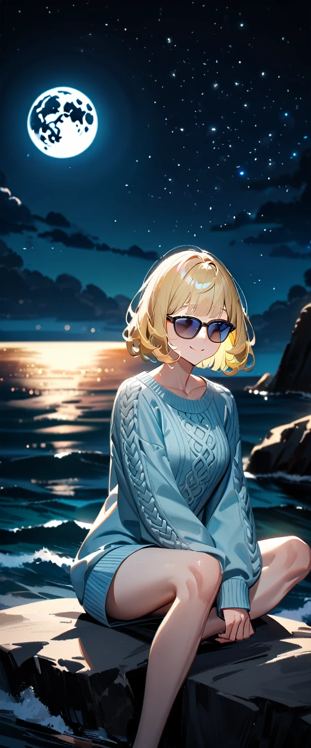 (((A night sky stretching under a full moon, stars shining and reflecting on the sea surface))), ((bare legs)), (((sunglasses, hand to sunglasses))), (((Aran sweater))), from side, upper body, ((sitting on the very high cliff)), ((wavy hair, inward curled hair)), ((sea, beach)), ((blond hair, bob cut:1.3)), breasts, ager, (looking at viewer), oversized clothes, puffy long sleeves, ((off-shoulder sweater:1.3, Quite thick shoulder straps)), ((black sweater)), collarbone, head tilt:1.3, (((blue eyes))), ((happy smile)), (((anime style))), (best quality, 4K, 8K, highres, masterpiece:1.2, ultra-detailed, ultra-detailed eyes, HDR, uhd, studio lighting, ultra-fine painting, sharp focus, physically-based rendering, extreme detail description, professional, vivid colors, bokeh)