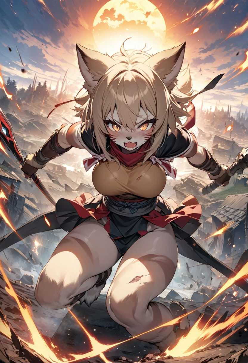 novel illustration, cover page, highres, top quality, best quality, paid reward available, unparalleled masterpiece, perfect artwork, absurdres, High-quality illustrations, super high resolution, detailed background, perfect anatomy(1girl, kemono, furry anthro)dramatic duel between 2girls, set in a battlefield during the Warring States period of Japan, illuminated by the setting sun, with a sense of intensity and determination emanating from the characters, fierce expression, flash of steel, calm and focused expression, war-torn landscape, with burning buildings and fallen warriors in the distance, tense and dramatic, with a sense of fate hanging in the balance,