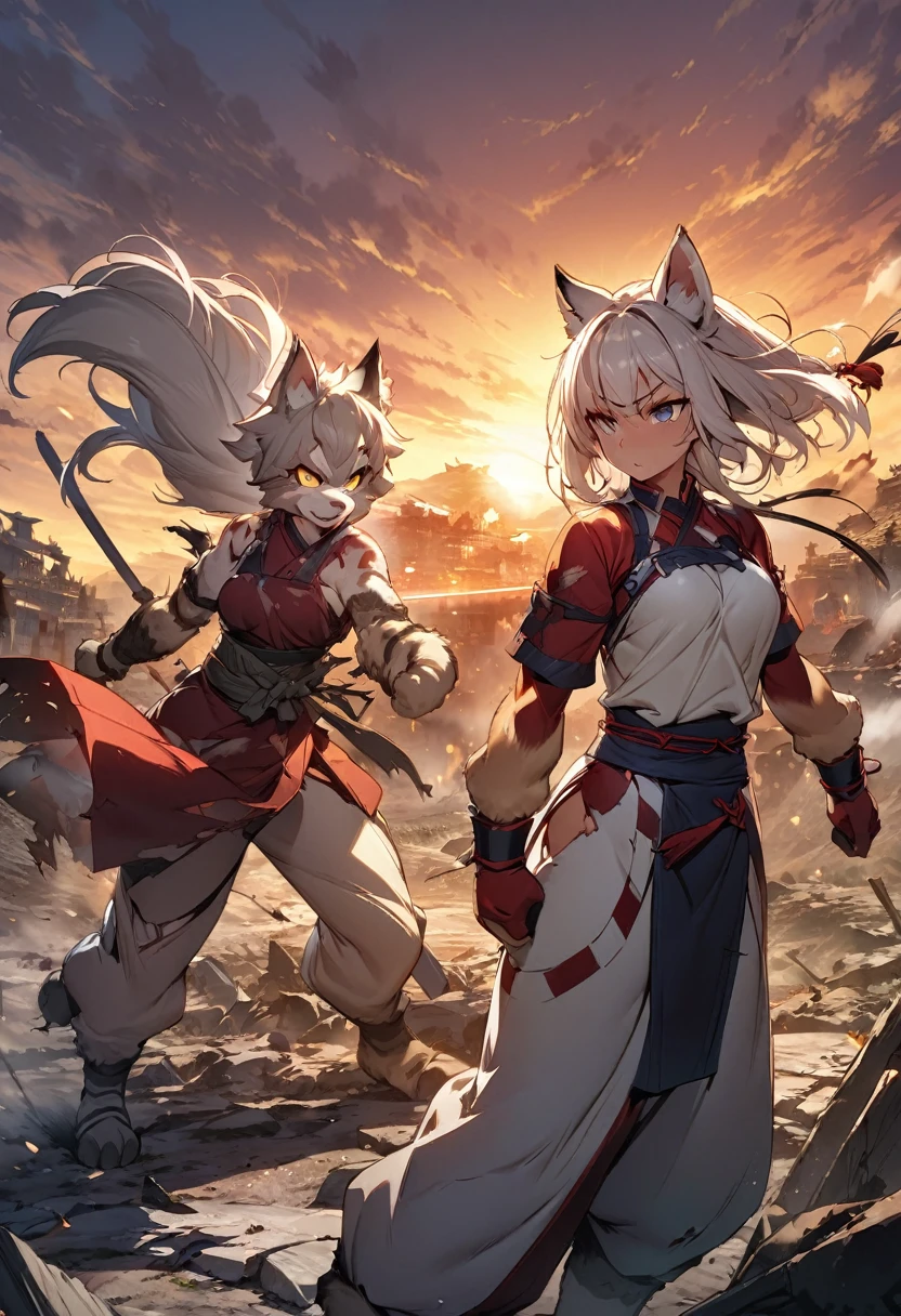novel illustration, cover page, highres, top quality, best quality, paid reward available, unparalleled masterpiece, perfect artwork, absurdres, High-quality illustrations, super high resolution, detailed background, perfect anatomy(1girl, kemono, furry anthro)dramatic duel between 2girls, set in a battlefield during the Warring States period of Japan, illuminated by the setting sun, with a sense of intensity and determination emanating from the characters, fierce expression, flash of steel, calm and focused expression, war-torn landscape, with burning buildings and fallen warriors in the distance, tense and dramatic, with a sense of fate hanging in the balance,