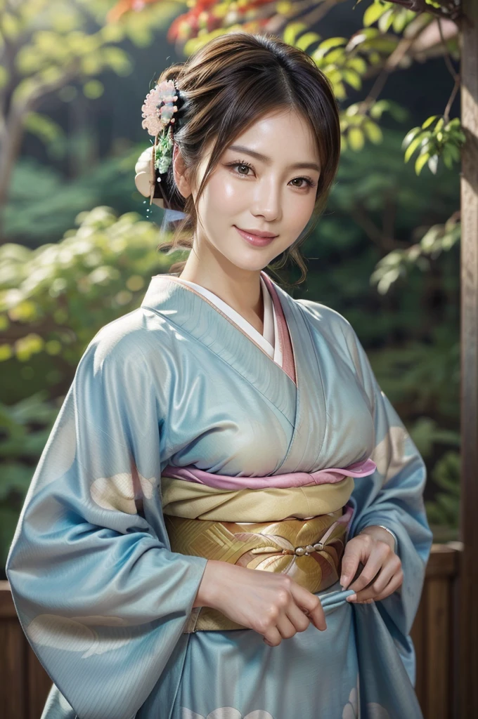 (masterpiece, highest quality, Realistic, High resolution, photograph, :1.3), Sharp focus, 1 Cute Japanese mature woman, 40 years old, Hot Model, gentle face, Highly detailed eyes and pupils, Realistic Skin, ((Voluptuous body)), Neckline, Highly detailed hair, Delicate face, Sensual look, Bright lips, Chubby lips, Natural Lip, big thick thighs, ((kimono:1.5)), ((whole body shot)), looking at viewer, smile, ((from below)), (((Trendy hairstyles:1.2))), ((hair ornament:1.2)), autumn setting, autumn trees and leaves